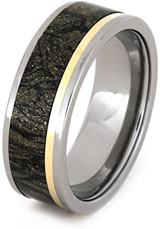 Black and Gold Mokume, 14k Yellow Gold Pinstripes 8mm Comfort-Fit Titanium Wedding Band