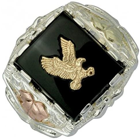 Men's Onyx Eagle Ring, 10k Yellow Gold, Sterling Silver, 12k Green and Rose Gold Black Hills Gold Motif, Size 12
