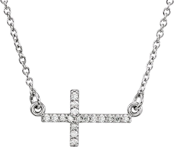 17-Stone Diamond Sideways Cross Rhodium Plate 14k White Gold Pendant Necklace, 16-18" (.01 Cttw)