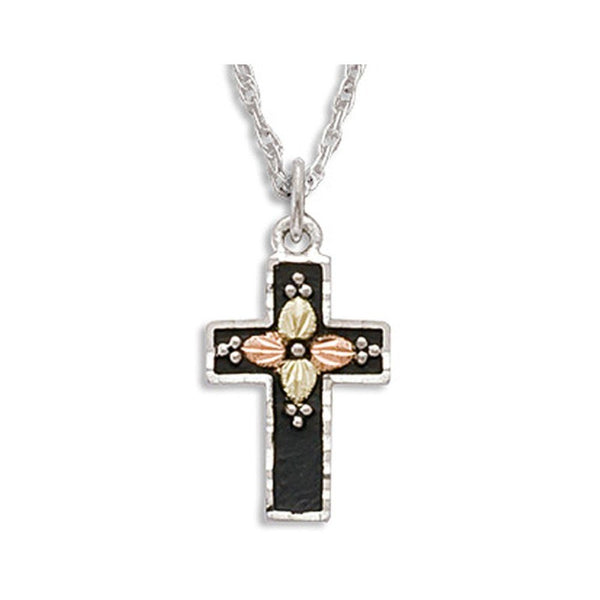 Black Cross Pendant Necklace, Sterling Silver, 12k Green and Rose Gold Black Hills Gold Motif, 18"