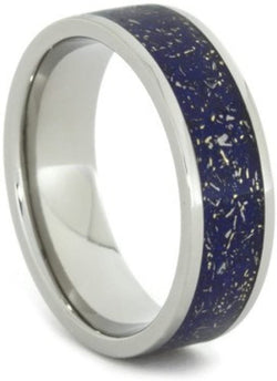 Meteorite Shavings Blue, Green, Purple Inlay 7mm Comfort-Fit Titanium Ring, Size 6