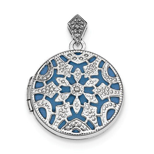 Rhodium-Plated Sterling Silver and Blue Vintage-Style Round Locket Pendant (20MM)