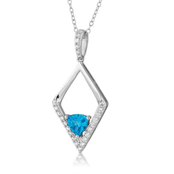 Blue Trillion CZ Silhouette Diamond-Shaped Pendant Rhodium Plated Sterling Silver Necklace, 18"
