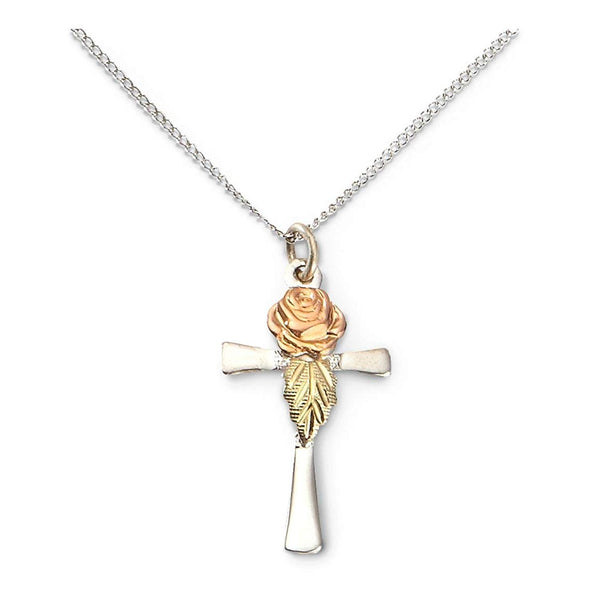 Rose Cross Pendant Necklace, Sterling Silver, 12k Green and Rose Gold Black Hills Gold Motif, 18"