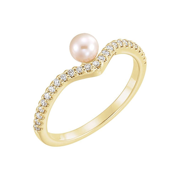 White Freshwater Cultured Pearl, Diamond Asymmetrical Ring, 14k Yellow Gold (4-4.5mm)(.2 Ctw, G-H Color, I1 Clarity)