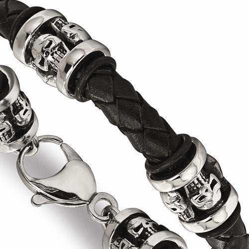 Men's Polished Stainless Steel Antiqued Skull Black Braided Leather Bracelet, 8.5"