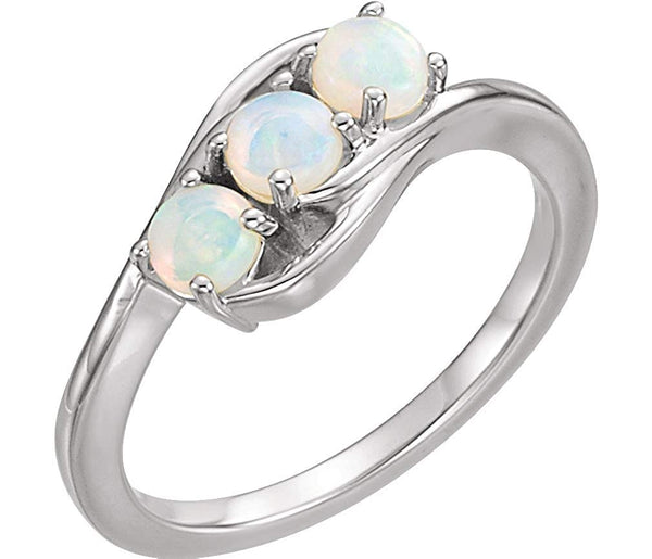 Opal Cabochon 3-Stone Past, Present, Future Ring, Rhodium-Plated 14k White Gold, Size 6.5