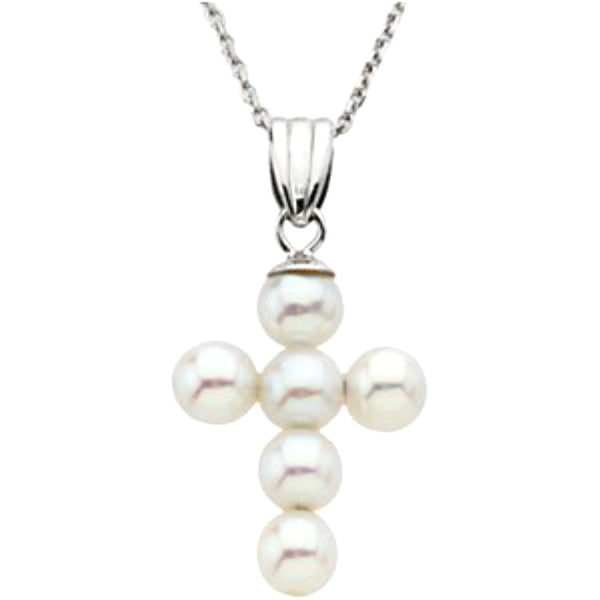 Childrens Freshwater Cultured Pearl Cross 14k White Gold Pendant Necklace (4.5-5mm), 16"