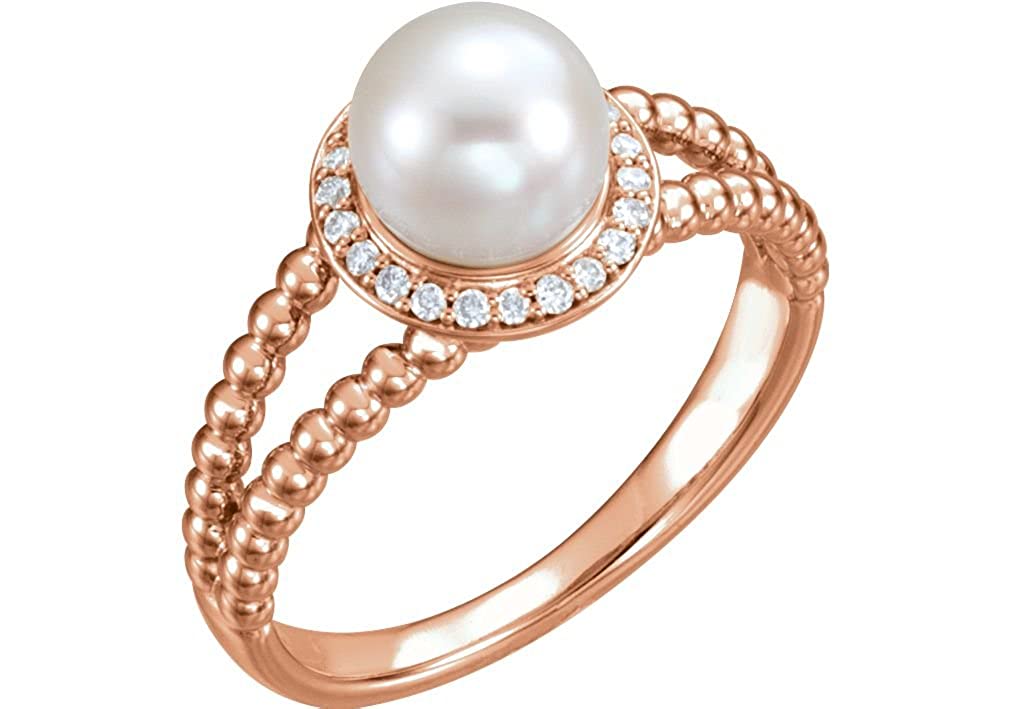 White Freshwater Cultured Pearl Diamond Halo 14k Rose Gold Ring (7-7.5 MM) (1/8 Ctw, Color G-H, Clarity I1)