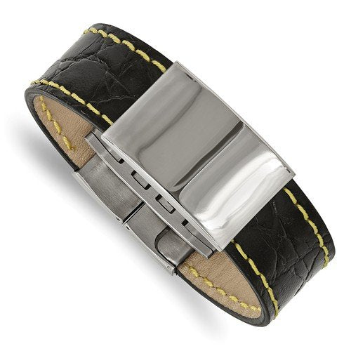 Men's Polished Stainless Steel Black Leather with Yellow Stitch ID Bracelet 8.5"