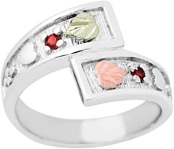 January Birthstone Created Garnet Bypass Ring, Sterling Silver, 12k Green and Rose Gold Black Hills Silver Motif, Size 7.25