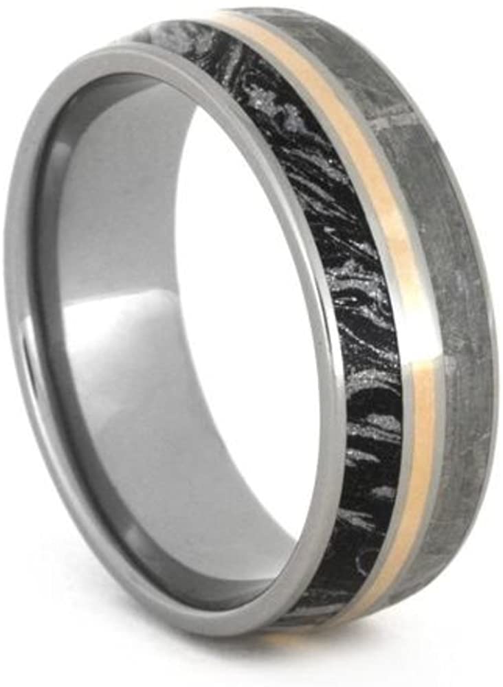 Gibeon Meteorite, Black and White Mokume Gane, 14k Rose Gold 8mm Titanium Comfort-Fit Ring, Size 15.5