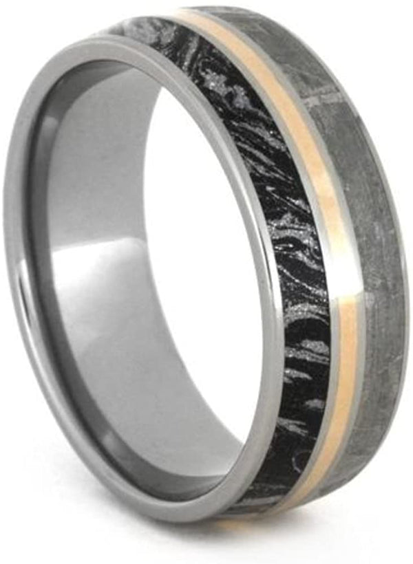 Gibeon Meteorite, Black and White Mokume Gane, 14k Rose Gold 8mm Titanium Comfort-Fit Ring, Size 9.5