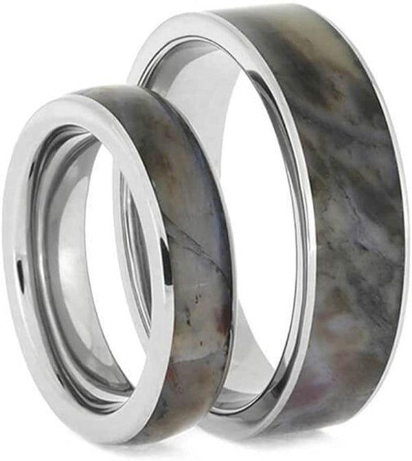 Petrified Wood Comfort-Fit Titanium His and Hers Wedding Band Set Size, M15.5-F4