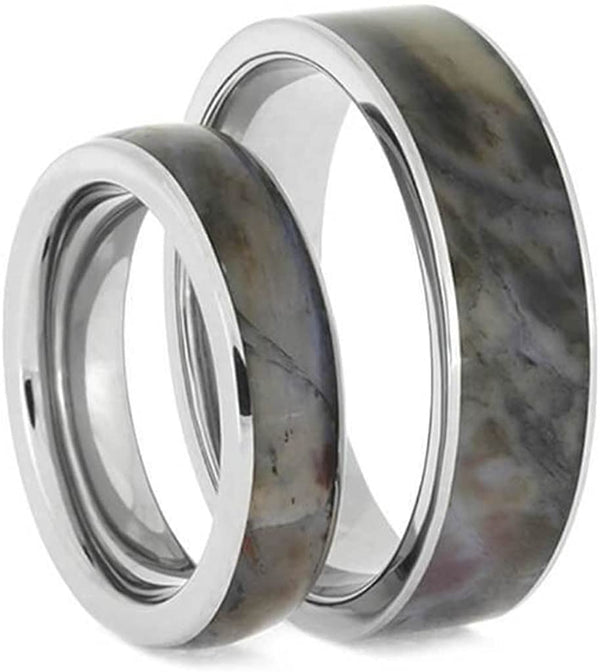 Petrified Wood Comfort-Fit Titanium His and Hers Wedding Band Set Size, M14.5-F7