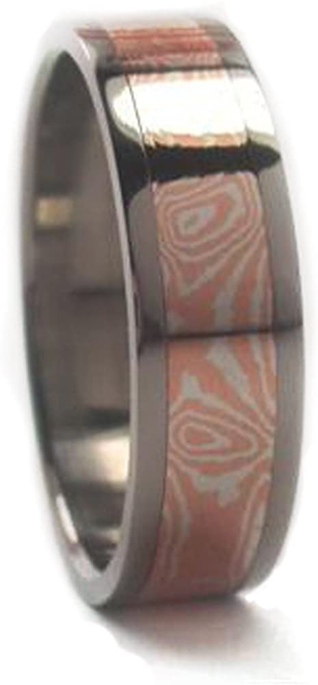 Copper Silver Mokume Inlay 6mm Comfort Fit Titanium Wedding Band, Size 8.75