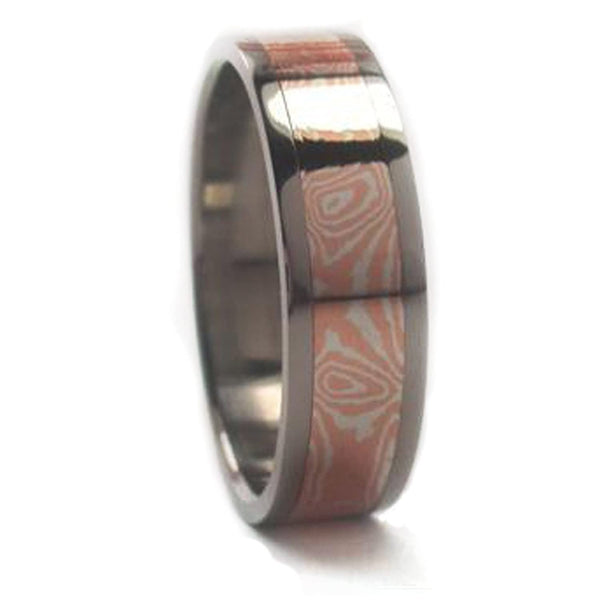 Copper Silver Mokume Inlay 6mm Comfort Fit Titanium Wedding Band, Size 13