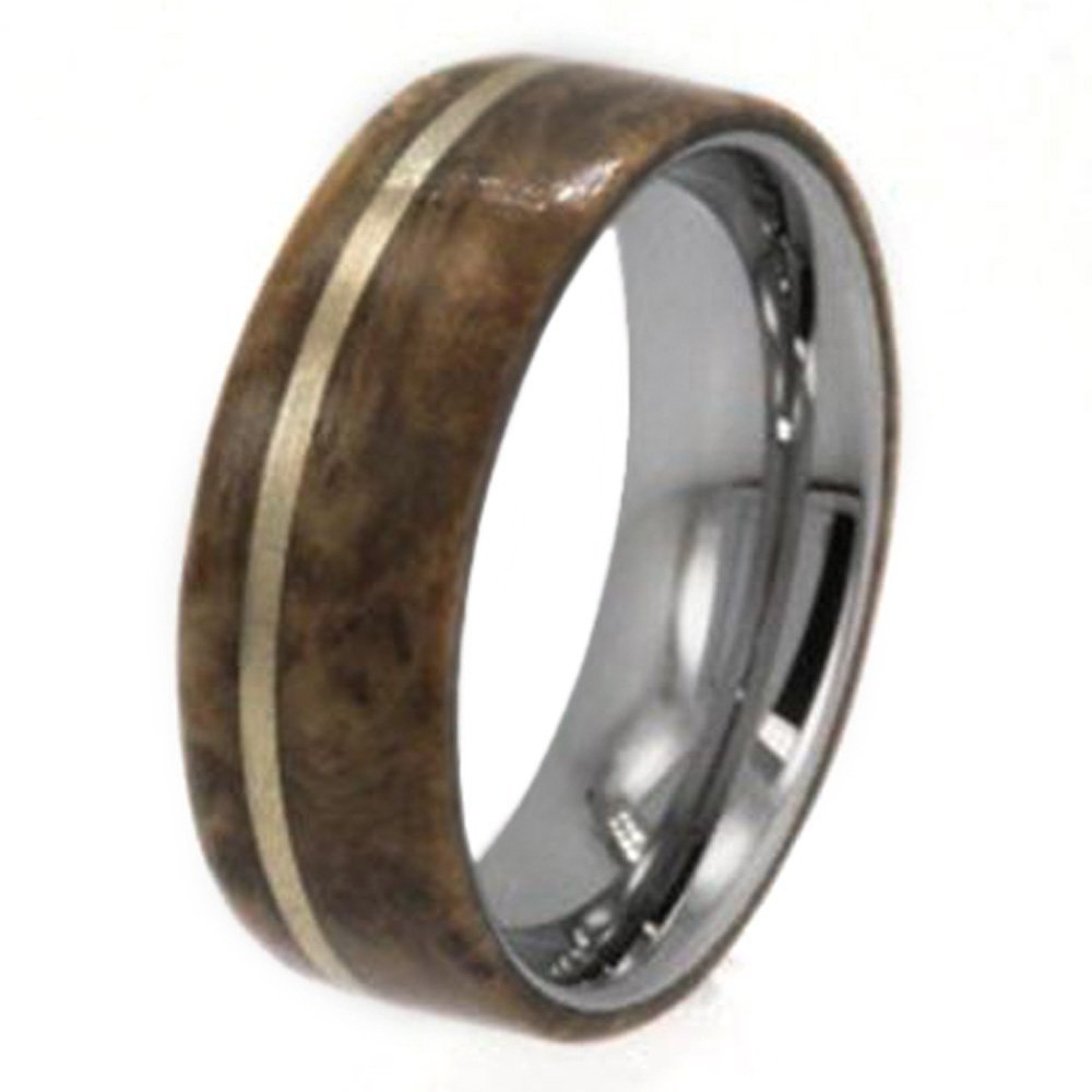 14k Yellow Gold, Buckeye Burl Wood 8mm Comfort-Fit Titanium Band, Size 12.75