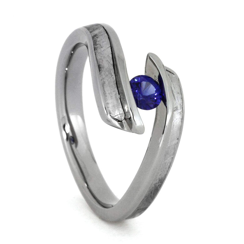 Blue Sapphire, Gibeon Meteorite Engagement Ring, Men's Gibeon Meteorite, Dinosaur Bone, His and Hers Titanium Wedding Band Set
