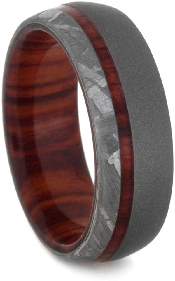 Gibeon Meteorite, Sandblast Titanium 7mm Comfort-Fit Tulip Wood Band, Size 14.75