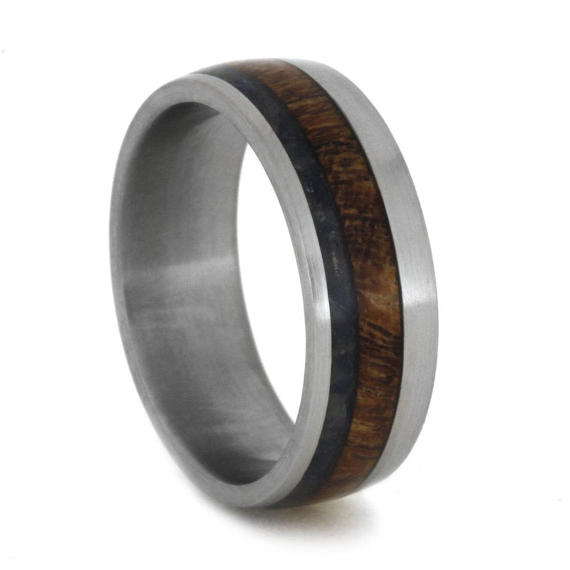 Mesquite Burl Wood, Blue Sea Glass 7mm Comfort-Fit Matte Titanium Wedding Band