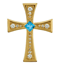 Diamond and Genuine Swiss Blue Topaz 14k Yellow Gold Cross Pendant