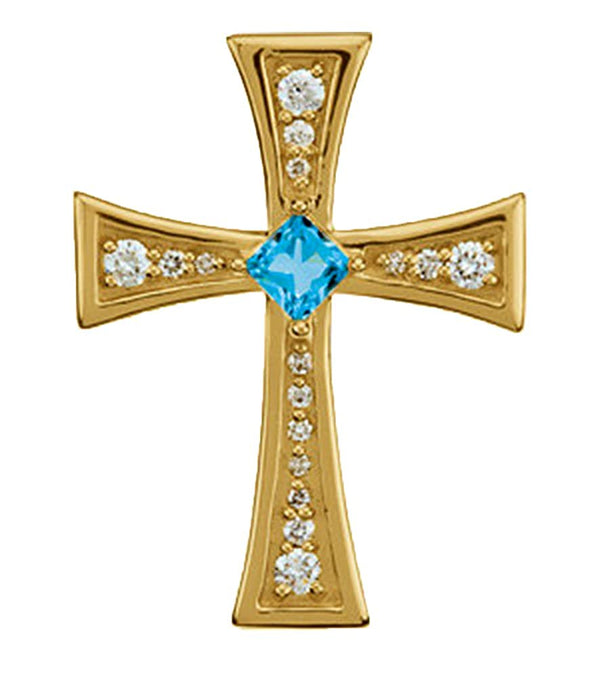 Diamond and Genuine Swiss Blue Topaz 14k Yellow Gold Cross Pendant