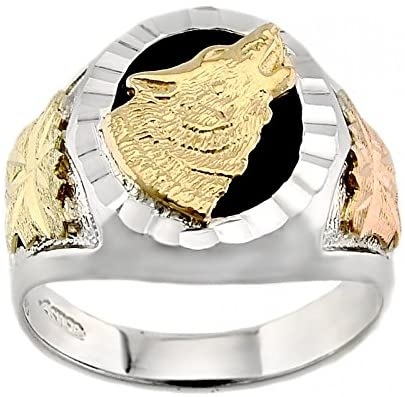 Men's Diamond-Cut Onyx Wolf Ring, Sterling Silver, 12k Green and Rose Gold Black Hills Gold Motif