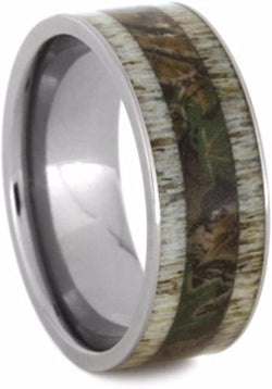 Camouflage Print and Deer Antler 9mm Comfort-Fit Titanium Wedding Band, Size 13.5