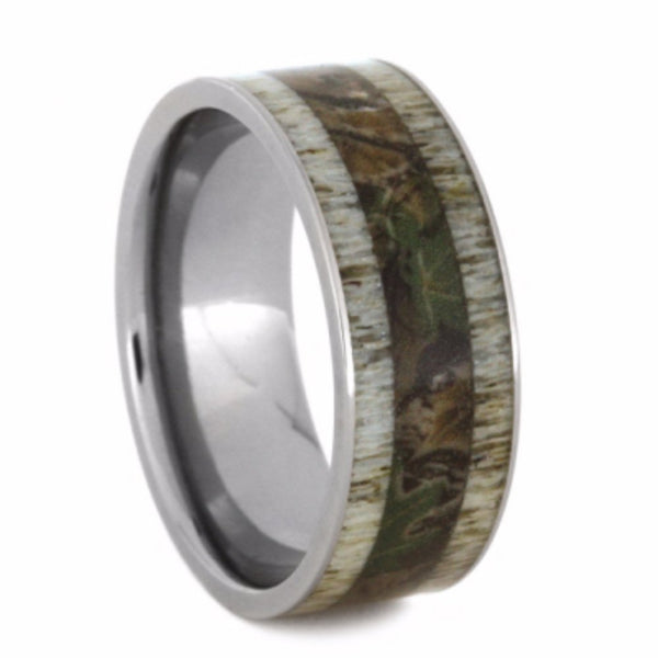 Camouflage Print and Deer Antler 9mm Comfort-Fit Titanium Wedding Band