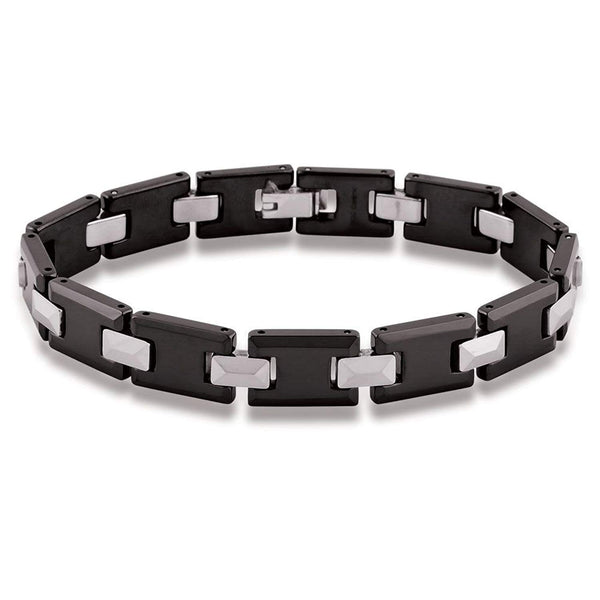 Men's Rectangle Links Bracelet, Black Ceramic with Tungsten, 8.5"