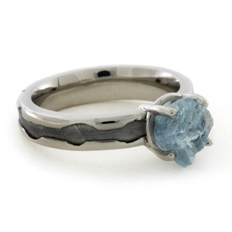 Aquamarine, Gibeon Meteorite 10k White Gold Ring and Opal, Aquamarine, Gibeon Meteorite Titanium Band, Couple Wedding Set