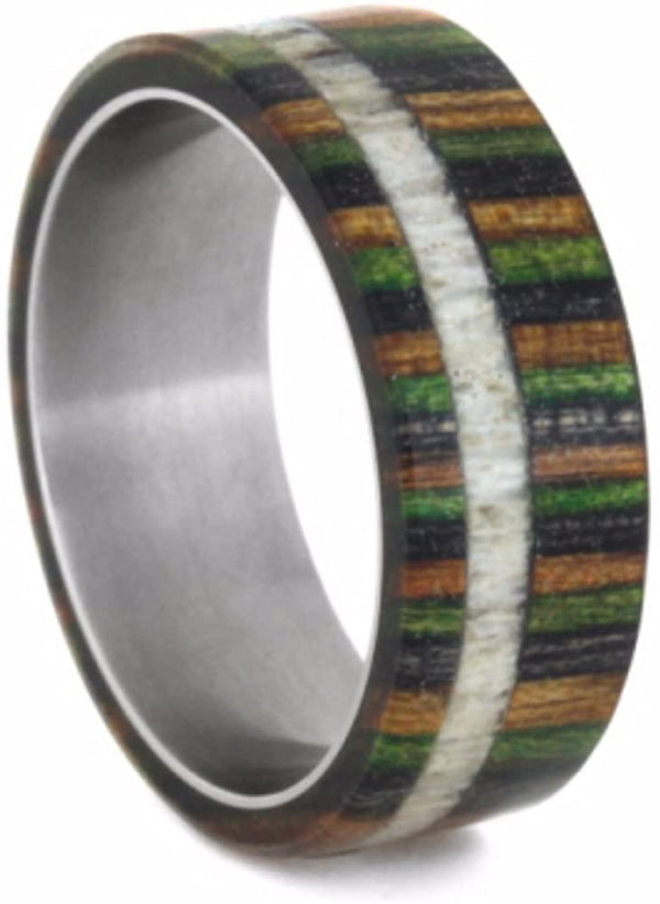 Dymondwood Camo and Deer Antler 8mm Comfort-Fit Matte Titanium Wedding Band, Size 7