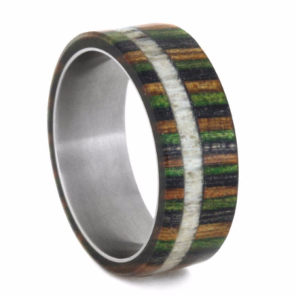 Dymondwood Camo and Deer Antler 8mm Comfort-Fit Matte Titanium Wedding Band