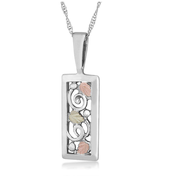 Beveled Rectangle Pendant Necklace, Sterling Silver, 12k Green and Rose Gold Black Hills Gold Motif, 18''