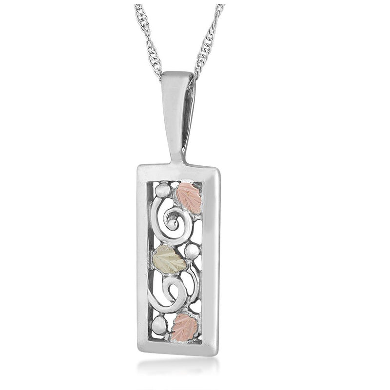 Beveled Rectangle Pendant Necklace, Sterling Silver, 12k Green and Rose Gold Black Hills Gold Motif, 18''