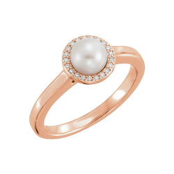 White Freshwater Cultured Pearl and Diamond Halo Ring, 14k Rose Gold (5.5-6mm) (.05Ctw, G-H Color, I1 Clarity) Size 6.5