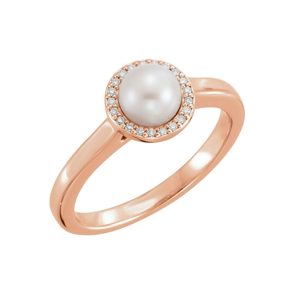 White Freshwater Cultured Pearl and Diamond Halo Ring, 14k Rose Gold (5.5-6mm) (.05Ctw, G-H Color, I1 Clarity)