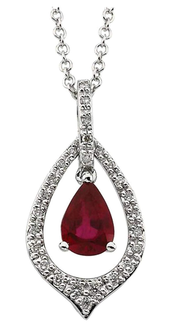 Rhodium Plated 14k White Gold Ruby Pear and Diamond Necklace, 18" (1/6 Cttw, H-I Color, I1 Clarity)