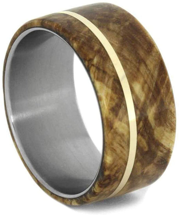 Black Ash Burl, 14k Yellow Gold Pinstripe 8mm Comfort-Fit Titanium Band, Size 11.75