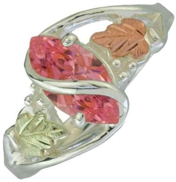 Marquise Pink CZ Ring, Sterling Silver, 12k Green and Rose Gold Black Hills Gold Motif, Size 8