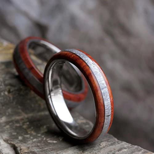 His and Hers Gibeon Meteorite, Tulipwood 5mm Comfort-Fit Titanium Band Sizes M14.5-F8
