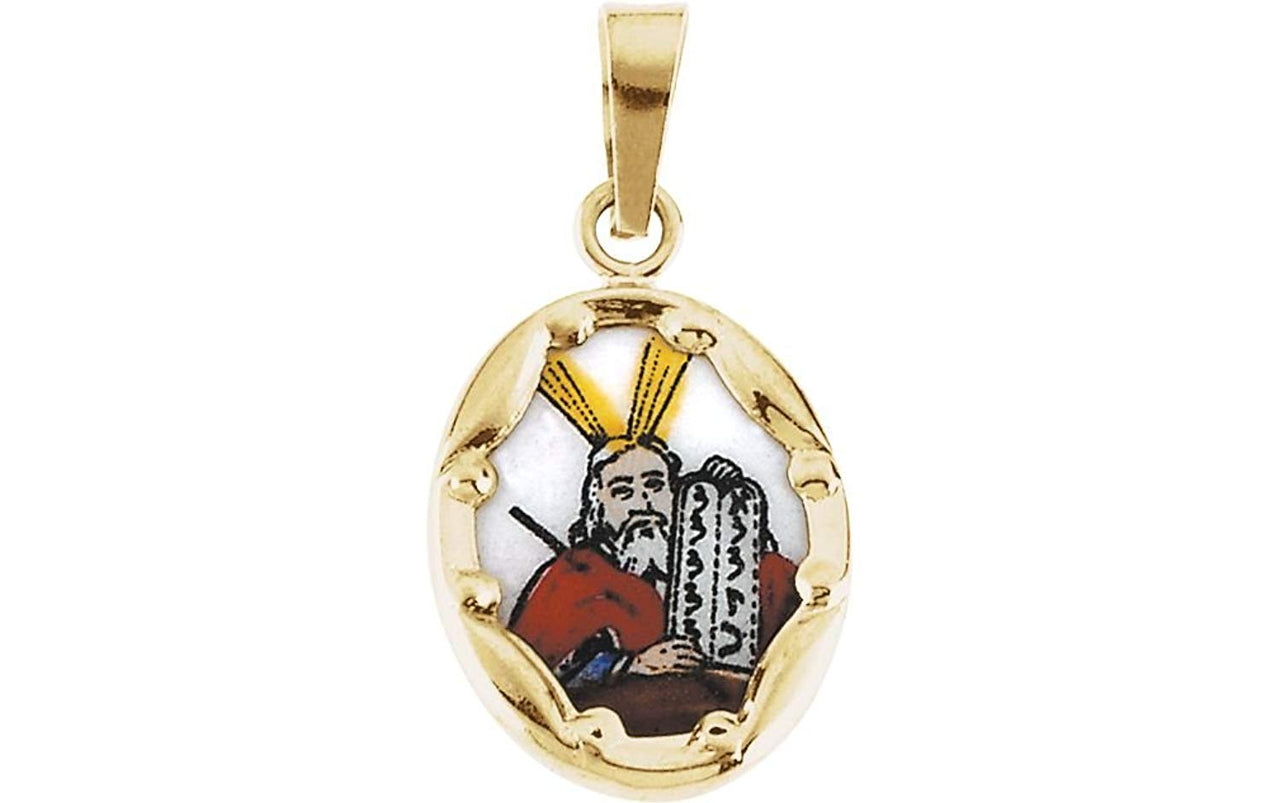 14k Yellow Gold Moses Hand-Painted Porcelain Medal (13x10 MM)