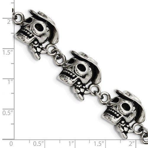 Men's Stainless Steel 16mm Antiqued Skull Pirates Link with Hat Bracelet, 8.5"