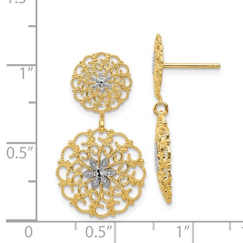 Rhodium-Plated 14k Yellow Gold Diamond-Cut Filigree Medallion Drop Post Earrings (27x14MM)