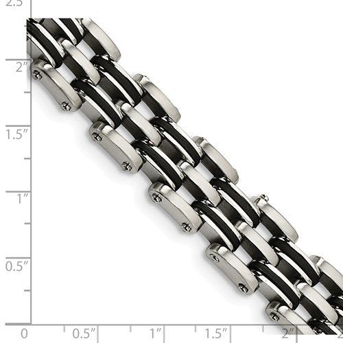 Men's Brushed Stainless Steel 14mm Black Rubber Bracelet, 9.25"