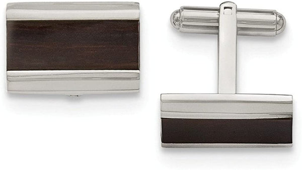 Stainless Steel, Black Wood Inlay Enameled Rectangle Cuff Links