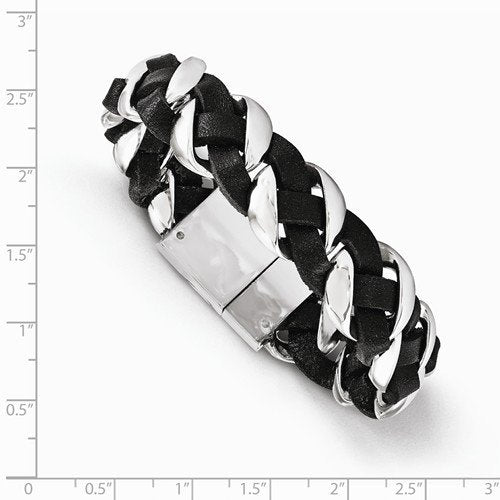 Men's Polished Stainless Steel Leather Braided Bracelet, 8"