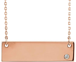 Diamond Bar Engravable Necklace, 14k Rose Gold 18"( .03 Ct, Color G-H, I1 Clarity)