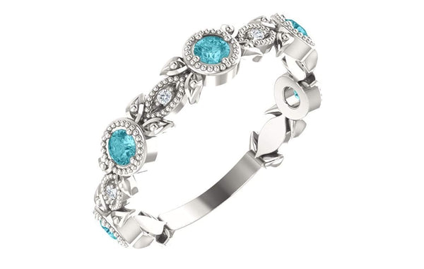 Blue Zircon and Diamond Vintage-Style Ring, Rhodium-Plated Sterling Silver (0.03 Ctw, G-H Color, I1 Clarity)